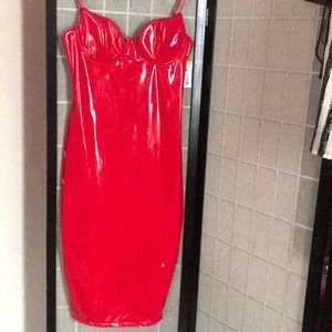 Red patent leather body con dress